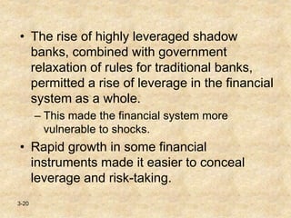 3-20
• The rise of highly leveraged shadow
banks, combined with government
relaxation of rules for traditional banks,
permitted a rise of leverage in the financial
system as a whole.
– This made the financial system more
vulnerable to shocks.
• Rapid growth in some financial
instruments made it easier to conceal
leverage and risk-taking.
 