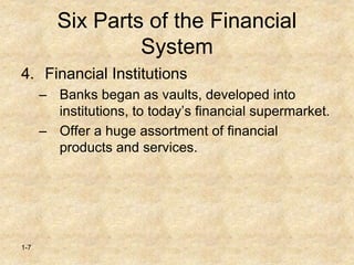 1-7
Six Parts of the Financial
System
4. Financial Institutions
– Banks began as vaults, developed into
institutions, to today’s financial supermarket.
– Offer a huge assortment of financial
products and services.
 