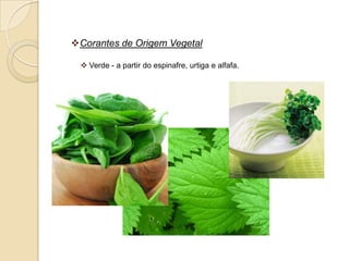 Corantes de Origem Vegetal

  Verde - a partir do espinafre, urtiga e alfafa.
 