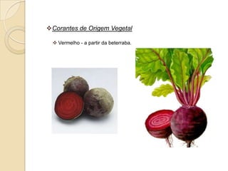 Corantes de Origem Vegetal

  Vermelho - a partir da beterraba.
 
