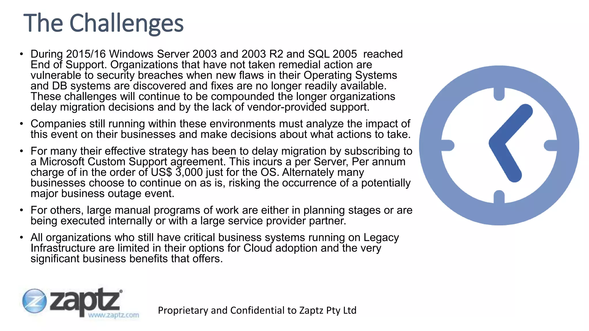 Proprietary and Confidential to Zaptz Pty Ltd
The Challenges
• During 2015/16 Windows Server 2003 and 2003 R2 and SQL 2005 reached
End of Support. Organizations that have not taken remedial action are
vulnerable to security breaches when new flaws in their Operating Systems
and DB systems are discovered and fixes are no longer readily available.
These challenges will continue to be compounded the longer organizations
delay migration decisions and by the lack of vendor-provided support.
• Companies still running within these environments must analyze the impact of
this event on their businesses and make decisions about what actions to take.
• For many their effective strategy has been to delay migration by subscribing to
a Microsoft Custom Support agreement. This incurs a per Server, Per annum
charge of in the order of US$ 3,000 just for the OS. Alternately many
businesses choose to continue on as is, risking the occurrence of a potentially
major business outage event.
• For others, large manual programs of work are either in planning stages or are
being executed internally or with a large service provider partner.
• All organizations who still have critical business systems running on Legacy
Infrastructure are limited in their options for Cloud adoption and the very
significant business benefits that offers.
 