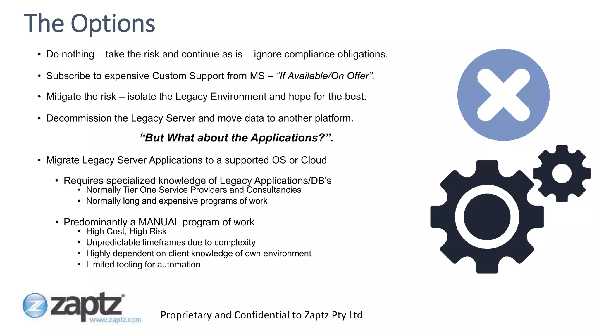 Proprietary and Confidential to Zaptz Pty Ltd
• Do nothing – take the risk and continue as is – ignore compliance obligations.
• Subscribe to expensive Custom Support from MS – “If Available/On Offer”.
• Mitigate the risk – isolate the Legacy Environment and hope for the best.
• Decommission the Legacy Server and move data to another platform.
“But What about the Applications?”.
• Migrate Legacy Server Applications to a supported OS or Cloud
• Requires specialized knowledge of Legacy Applications/DB’s
• Normally Tier One Service Providers and Consultancies
• Normally long and expensive programs of work
• Predominantly a MANUAL program of work
• High Cost, High Risk
• Unpredictable timeframes due to complexity
• Highly dependent on client knowledge of own environment
• Limited tooling for automation
The Options
 