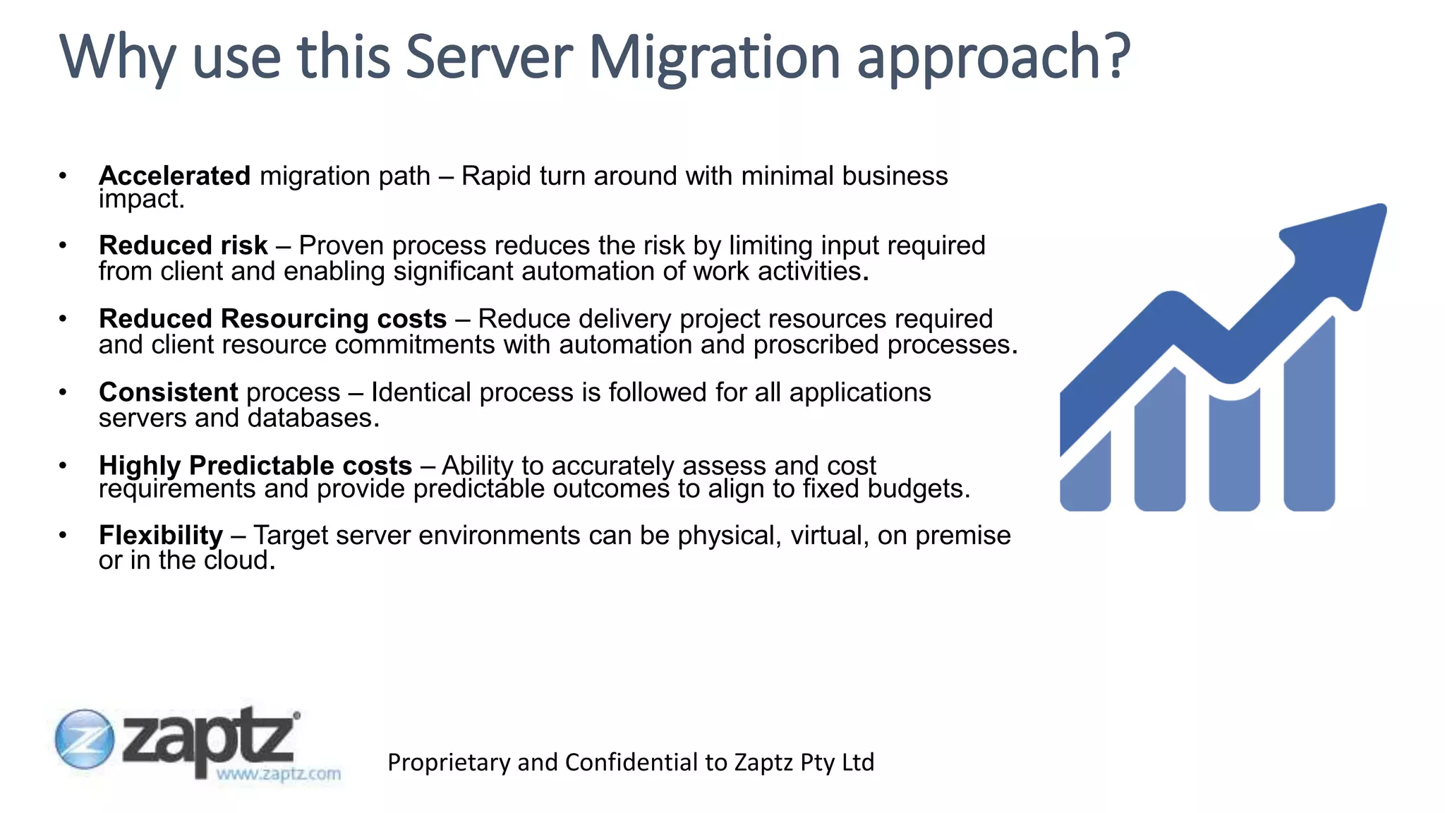 Proprietary and Confidential to Zaptz Pty Ltd
• Accelerated migration path – Rapid turn around with minimal business
impact.
• Reduced risk – Proven process reduces the risk by limiting input required
from client and enabling significant automation of work activities.
• Reduced Resourcing costs – Reduce delivery project resources required
and client resource commitments with automation and proscribed processes.
• Consistent process – Identical process is followed for all applications
servers and databases.
• Highly Predictable costs – Ability to accurately assess and cost
requirements and provide predictable outcomes to align to fixed budgets.
• Flexibility – Target server environments can be physical, virtual, on premise
or in the cloud.
Why use this Server Migration approach?
 
