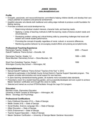 JODEE SKOOG
jodee.skoog@hotmail.com
Profile
• Energetic, passionate, and resourceful teacher committed to helping children identify and develop their own
unique potential for academic and personal achievement.
• Insightful educator who blends both traditional and cutting edge methods to produce a solid foundation for
lifelong learning.
• Promotes scholastic and social development by
- Determining individual student interests, character traits, and learning needs.
- Applying a variety of teaching methods to fulfill the learning needs of diverse student needs and
circumstances.
- Developing problem solving and critical thinking skills by presenting challenges that boost self-
esteem and overall student performance.
- Promoting the concept of equality regardless of racial, cultural, or economic differences.
- Reinforcing positive behavior by encouraging student efforts and praising accomplishments.
Professional Teaching Experience
Elementary Teacher, Grades 1-5 2005 — Present
Oakcliff Traditional Theme School —Doraville, GA
Elementary Teacher, Grades 1-4 1999 — 2005
Stone Mountain Elementary School — Stone Mountain, GA
Short-Term Substitute Teacher, Grade 1 1999
Wilmington Country Day School — Wilmington, NC
Accomplishments
• Named Oakcliff Traditional Theme School “Teacher of the Year” in 2012.
• Selected to participate in the DeKalb County School District’s Teacher Support Specialist program. This
program provides administrative and social support for new teachers.
• In years teaching standardized testing grades, all students met or exceeded state standards.
• Presented a vision for a student teaching garden, and successfully developed and won a grant to achieve
Master Gardener certification and brought this vision to reality.
• Selected and trained as a school STEM facilitator through the Lego EV-3 program.
Education
Bachelor of Arts, Elementary Education
University of North Carolina at Wilmington — Wilmington, NC
Minors: Sociology and Psychology
Professional Certifications
• Early Childhood Education (P-5) — State of Georgia
• Middle Grades (4-8) — State of Georgia
• Social Studies, Science, Language Arts — State of Georgia
• Gifted Education — State of Georgia
• ESOL Endorsement — State of Georgia
• Teacher Support Specialist — State of Georgia
• Master Gardener Certification — University of Georgia Master Gardener Association
 