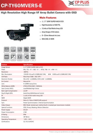 CP-TY60MVER5-E
High Resolution High Range VF Array Bullet Camera with OSD
                                                                   Main Features
                                                                      1 / 3" SONY SUPER HAD II CCD
                                                                      High Resolution of 600 TVL
                                                                      3 Units of Dot Matrix Array LED
                                                                      Array Range of 50 meters
                                                                      9~22mm Manual iris Lens
                                                                      With OSD, D-WDR




                          50
                          S/N Ratio

                          S/N Ratio




                                                    Wide Dynamic
                                                       Range




Feature                               Specification
Image Sensor                          1 / 3" SONY SUPER HAD ‖ CCD
Pixels                                PAL: 752（H）×582（V）；NTSC: 768（H）×494（V）
Resolution                            600TVL
Min. Illumination                     COLOR :0.3Lux(F1.2,50IRE,AGC ON);         B/W    :0.005Lux(F1.2,50IRE,AGC ON)
S/N Ratio                             More than 50dB（AGC OFF）
Electronic Shutter                    PAL:1/50～1/100000s; NTSC:1/60～1/100000s
Iris Control                          Manual Iris
Lens                                  9-22MM manual lens
White Balance (AWB)                   ATW1/ATW2/AWC / MANUAL
Gain Control (AGC)                    Low/Milddle/High choice
Back Light Compensation               on/off
Day & Night (ICR)                     Auto/Color/B/W/External Control
IR                                    3 units of Dot matrix Array LED
WDR                                   Digital WDR
Protocol                              Pelco-D / Pelco-P/NEXTCHIP protocol
Sync                                  Power Synchronization / Internal Synchronization
Video Output                          BNC Mode: twisted-pair method (built-in twisted pair transmission module)
Special Functions                     OSD, Privacy Masking, Motion Detection
Power Supply                          DC12V
Power Consumption                     2.5W
IP Rating                             IP66
Dimensions                            38*38mm
Operating Temperature                 '-20℃ -+50℃
Certifications                        CE, FCC & ROHS




                                                                                 *Product casing and specifications are subject to change without prior notice
 