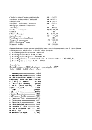 Comissões sobre Vendas de Mercadorias
Descontos Incondicionais Concedidos
Estoque Final
Descontos Condicionais Concedidos
Participação de Partes Beneficiárias
Juros Pagos
Vendas de Mercadorias
COFINS
Salários e Encargos
Água e Energia
Provisão para Imposto de Renda
Compras de Mercadorias
ICMS s/ Compras e Vendas
Descontos Obtidos

R$ 3.000,00
R$ 20.000,00
R$ 37.000,00
R$ 2.000,00
5%
R$
500,00
R$ 100.000,00
2%
R$ 3.000,00
R$
200,00
15%
R$ 50.000,00
12%
R$ 15.000,00

Ordenando-se as contas acima, adequadamente e em conformidade com as regras de elaboração da
Demonstração do Resultado do Exercício, vamos encontrar
a) Receita Líquida de Vendas de R$ 48.000,00.
b) Lucro Operacional Bruto de R$ 4.000,00.
c) Lucro Operacional Líquido de R$ 15.000,00.
d) Lucro Líquido antes da Contribuição Social e do Imposto de Renda de R$ 20.000,00.
e) Lucro Líquido do Exercício de R$ 13.500,00.
Comentários:
Basta elaborarmos a DRE. Inicialmente vamos calcular o CMV
CMV = 30.000 + 44.000 – 37.000 = 37.000
Vendas .....................................100.000
(-) Vendas Canceladas .................(20.000)
(-) Descontos Incondicioanais .....(20.000)
(=) Base de Cálculo das Cont........60.000
(-) ICMS (12% x 60.000) ..............(7.200)
(-) COFINS (2% x 60.000) ......... .(1.200)
(-) PIS/PASEP (1% x 60.000) .. . .. .(600)
(=) Vendas Líquidas ....................51.000
(-) CMV .......................................(37.000)
(=) Lucro Bruto ............................14.000
(+) Juros Recebidos ..................... 1.500
(+) Descontos Obtidos .................15.000
(-) Impostos e Taxas .......................(500)
(-) Propaganda .............................(1.800)
(-) Depreciação .......................... (700)
(-) Despesas Bancárias ................. (800)
(-) Comissão s/ Vendas ................(3.000)
(-) Desc. Condicionais Conc. .......(2.000)
(-) Juros Pagos ............................ (500)
(-) Salários e Encargos ................(3.000)
21

 