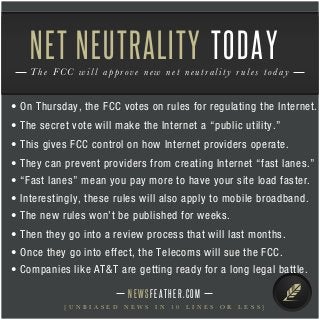 • On Thursday, the FCC votes on rules for regulating the Internet.
• The secret vote will make the Internet a “public utility.”
• This gives FCC control on how Internet providers operate.
• They can prevent providers from creating Internet “fast lanes.”
• “Fast lanes” mean you pay more to have your site load faster.
• Interestingly, these rules will also apply to mobile broadband.
• The new rules won’t be published for weeks.
NEWSFEATHER.COM
[ U N B I A S E D N E W S I N 1 0 L I N E S O R L E S S ]
The FCC will approve new net neutrality rules today
NET NEUTRALITY TODAY
• Then they go into a review process that will last months.
• Once they go into effect, the Telecoms will sue the FCC.
• Companies like AT&T are getting ready for a long legal battle.
 
