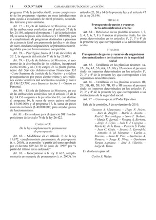 14 O.D. Nº 1.654 CÁMARA DE DIPUTADOS DE LA NACIÓN
artículos 23, 30 y 64 de la presente ley y el artículo 47
de la ley 26.546.
TÍTULO II
Presupuesto de gastos y recursos
de la administración central
Art. 84. – Detállanse en las planillas resumen 1, 2,
3, 4, 5, 6, 7, 8 y 9 anexas al presente título, los im-
portes determinados en los artículos 1º, 2º, 3º y 4º de
la presente ley que corresponden a la administración
central.
TÍTULO III
Presupuesto de gastos y recursos de organismos
descentralizados e instituciones de la seguridad
social
Art. 85. – Detállanse en las planillas resumen 1A,
2A, 3A, 4A, 5A, 6A, 7A, 8A y 9A anexas al presente
título los importes determinados en los artículos 1º,
2º, 3º y 4º de la presente ley que corresponden a los
organismos descentralizados.
Art. 86. – Detállanse en las planillas resumen 1B,
2B, 3B, 4B, 5B, 6B, 7B, 8B y 9B anexas al presente
título los importes determinados en los artículos 1º,
2º, 3º y 4º de la presente ley que corresponden a las
instituciones de la seguridad social.
Art. 87. – Comuníquese al Poder Ejecutivo.
Sala de la comisión, 3 de noviembre de 2010.
Gustavo A. Marconato. – Hugo N. Prieto.
– Alex R. Ziegler. – María J. Acosta. –
Raúl E. Barrandeguy. – Nora E. Bedano.
– María E. Bernal. – Rosana A. Bertone.
– Jorge A. Cejas. – Luis F. J. Cigogna. –
María G. de la Rosa. – Patricia S. Fadel.
– Juan C. Gioja. – Beatriz L. Korenfeld.
– Antonio A. M. Morante. – Carlos J.
Moreno. – Juan M. Pais. – Guillermo A.
Pereyra. – Jorge R. Pérez. – Gerónimo
Vargas Aignasse. – José A. Vilariño. –
Jorge R. Yoma.
En disidencia parcial:
Carlos S. Heller.
programa 17 de la jurisdicción 01, como complemen-
to de los programas vigentes en otras jurisdicciones
para ayuda a estudiantes de nivel primario, secunda-
rio, terciario y universitario.
Art. 77. – El jefe de Gabinete de Ministros, en uso
de las atribuciones conferidas por el artículo 37 de la
ley 24.156, asignará al programa 17 de la jurisdicción
01, la suma de pesos siete millones ($ 7.000.000) para
el cumplimiento de programas destinados a personas
de existencia ideal con personería jurídica y sin ﬁnes
de lucro, mediante asignaciones de préstamos no rein-
tegrables y/o con ﬁnanciamiento compartido.
Art. 78. – Prorrógase, hasta el 31 de diciembre de
2012, la vigencia del artículo 7° de la ley 26.075.
Art. 79. – El jefe de Gabinete de Ministros, al mo-
mento de la distribución de los créditos, incorporará
ciento treinta y un (131) cargos en la planta perma-
nente del Servicio Administrativo Financiero 335
–Corte Suprema de Justicia de la Nación– y créditos
presupuestarios por pesos ciento treinta y seis millo-
nes ciento veintitrés mil setecientos noventa y nueve
($ 136.123.799) para ﬁnanciar inciso 1 - Gastos en
Personal.
Art. 80. – El jefe de Gabinete de Ministros, en uso
de las atribuciones conferidas por el artículo 37 de la
ley 24.156 asignará a la jurisdicción 01, con destino
al programa 16, la suma de pesos quince millones
($ 15.000.000) y al programa 17, la suma de pesos
cuarenta millones ($ 40.000.000) para atender gastos
de funcionamiento.
Art. 81. – Extiéndense para el ejercicio 2011 las dis-
posiciones del artículo 76 de la ley 26.422.
CAPÍTULO IX
De la ley complementaria permanente
de presupuesto
Art. 82. – Modifícase en el artículo 13 de la ley
11.672, complementaria permanente de presupuesto
(t. o. 2005), la expresión “a partir del texto aprobado
por el decreto 689 del 30 de junio de 1999” por “a
partir del último texto ordenado”.
Art. 83. – Incorpóranse a la ley 11.672, comple-
mentaria permanente de presupuesto (t. o. 2005), los
 