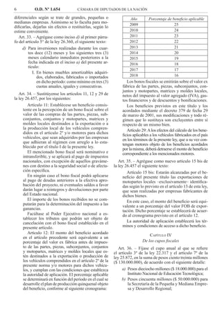 6 O.D. Nº 1.654 CÁMARA DE DIPUTADOS DE LA NACIÓN
Año Porcentaje de beneﬁcio aplicable
2009 25
2010 24
2011 23
2012 22
2013 21
2014 20
2015 19
2016 18
2017 17
2018 16
Los bonos ﬁscales se emitirán sobre el valor ex
fábrica de las partes, piezas, subconjuntos, con-
juntos y motopartes, matrices y moldes locales,
netos del impuesto al valor agregado (IVA), gas-
tos ﬁnancieros y de descuentos y boniﬁcaciones.
Los beneﬁcios previstos en este título y los
acordados mediante el decreto 379 de fecha 29
de marzo de 2001, sus modiﬁcaciones y todo ré-
gimen que lo sustituya son excluyentes entre sí
respecto de un mismo bien.
Artículo 29:Alos efectos del cálculo de los bene-
ﬁcios aplicables a los vehículos fabricados en el país
en los términos de la presente ley, que a su vez con-
tengan motores objeto de los beneﬁcios acordados
por la misma, deberá detraerse el monto de beneﬁcio
correspondiente a los mencionados motores.
Art. 35. – Agrégase como nuevo artículo 15 bis de
la ley 26.457 el siguiente texto:
Artículo 15 bis: Estarán alcanzadas por el be-
neﬁcio del presente título las exportaciones de
motopartes locales –exclusivamente– identiﬁca-
das según lo previsto en el artículo 13 de esta ley,
que sean realizadas por empresas fabricantes de
dichos bienes.
En este caso, el monto del beneﬁcio será equi-
valente a un porcentaje del valor FOB de expor-
tación. Dicho porcentaje se establecerá de acuer-
do al cronograma previsto en el artículo 12.
La autoridad de aplicación establecerá los tér-
minos y condiciones de acceso a dicho beneﬁcio.
CAPÍTULO IV
De los cupos ﬁscales
Art. 36. – Fíjase el cupo anual al que se reﬁere
el artículo 3º de la ley 22.317 y el artículo 7º de la
ley 25.872, en la suma de pesos ciento treinta millones
($ 130.000.000), de acuerdo con el siguiente detalle:
Pesos dieciocho millones ($ 18.000.000) para ela)
Instituto Nacional de Educación Tecnológica;
Pesos cincuenta millones ($ 50.000.000) parab)
la Secretaría de la Pequeña y Mediana Empre-
sa y Desarrollo Regional;
diferenciales según se trate de grandes, pequeñas o
medianas empresas. Asimismo se lo faculta para mo-
diﬁcarlas, dejarlas sin efectos o restituirlas, según lo
estime conveniente.
Art. 33. – Agrégase como inciso d) al primer párra-
fo del artículo 5° de la ley 26.360, el siguiente texto:
d) Para inversiones realizadas durante los cuar-
tos doce (12) meses y los siguientes tres (3)
meses calendario inmediatos posteriores a la
fecha indicada en el inciso a) del presente ar-
tículo:
I. En bienes muebles amortizables adquiri-
dos, elaborados, fabricados o importados
en dicho período: como mínimo en tres (3)
cuotas anuales, iguales y consecutivas.
Art. 34. – Sustitúyense los artículos 11, 12 y 29 de
la ley 26.457, por los siguientes:
Artículo 11: Establécese un beneﬁcio consis-
tente en la percepción de un bono ﬁscal sobre el
valor de las compras de las partes, piezas, sub-
conjuntos, conjuntos y motopartes, matrices y
moldes locales destinados a la exportación o a
la producción local de los vehículos compren-
didos en el artículo 2º y/o motores para dichos
vehículos, que sean adquiridos por las empresas
que adhieran al régimen con arreglo a lo esta-
blecido por el título I de la presente ley.
El mencionado bono ﬁscal será nominativo e
intransferible, y se aplicará al pago de impuestos
nacionales, con excepción de aquellos graváme-
nes con destino a la seguridad social o de afecta-
ción especíﬁca.
En ningún caso el bono ﬁscal podrá aplicarse
al pago de deudas anteriores a la efectiva apro-
bación del proyecto, ni eventuales saldos a favor
darán lugar a reintegros y devoluciones por parte
del Estado nacional.
El importe de los bonos recibidos no se com-
putarán para la determinación del impuesto a las
ganancias.
Facúltase al Poder Ejecutivo nacional a es-
tablecer los tributos que podrán ser objeto de
cancelación con el bono ﬁscal establecido en el
presente artículo.
Artículo 12: El monto del beneﬁcio acordado
en el artículo precedente será equivalente a un
porcentaje del valor ex fábrica antes de impues-
to de las partes, piezas, subconjuntos, conjuntos
y motopartes, matrices y moldes locales que es-
tén destinados a la exportación o producción de
los vehículos comprendidos en el artículo 2º de la
presente norma y/o motores para dichos vehícu-
los, y cumplan con las condiciones que establezca
la autoridad de aplicación. El porcentaje aplicable
se determinará en función del período en el cual se
desarrolle el plan de producción quinquenal objeto
del beneﬁcio, conforme al siguiente cronograma:
 