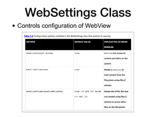 WebSettings Class
• Controls configuration of WebView
 