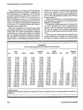 FINANCIAMIENTO DE LA SALUD EN MEXICO
Si se consideran en conjunto los recursos que
se emplean en servicios de salud y seguridad so-
cial el panorama es el siguiente: en 1978 estos
conceptos absorbieron un total de 105 292 mi-
llones de pesos; en 1982 se incrementaron a
429 774 millones de pesos y a 2.6 billones en
1986; el año pasado se ejercieron cerca de 5.6 bi-
llones y este año, en el presupuesto aprobado se
totalizaron 9.7 billones de pesos para salud y
seguridad social (cuadro 1JI).
Para fines comparativos veamos lo que ocurre
con el gasto ejercido en dos conjuntos del desa-
rrollo social. En 1980 el presupuesto en algunas
instituciones de salud para población abierta
(SSA, DIF, Hospital Infantil de México, Hospital
Gea González y el Instituto Nacional de Cardio-
logía) fue de II 043 millones de pesos; el presu-
puesto de la UNAM, las instituciones autónomas
por ley y el CONACYT fue de 21 471 millones de
pesos. Para 1986 las cifras correspondientes fue-
ron de 305 238 millones de pesos y 343 390 mi-
llones de pesos.P
¿Bajo qué parámetros, en qué contexto y con
qué esquemas se juzga qué es más importante,
urgente o trascendente?
El fenómeno inflacionario que viveel país des-
de 1976, agudizado en 1982 y revitalizado en
nuestros días ha implicado un descenso del po-
der real de compra de los recursos disponibles,
no sólo en salud sino en todos los bienes y servi-
cios.
Cabe hacer una observación en relación al im-
pacto económico en la salud. Si se toma el gasto
en salud y se aplica el factor de corrección del
CUADRO III
Gasto en salud y seguridad social. Estados Unidos Mexicanos
Gasto Seguridad IMSS Población
Año Total IMSS ISSSTE social SSA Coplamar DIF DDF abierta
1970 15 530 9770 4111 13 881 1649 O 1649
1971 17979 11 657 4525 16182 1 701 96 1797
1972 21 117 12582 5811 18393 2543 181 2724
1973 26162 15005 7777 22782 3164 216 3380
1974 39054 21989 12741 34730 3892 432 4324
1975 48886 28585 14571 43156 5088 642 5730
1976 '61 253 35271 19 161 54432 6237 584 6821
1977 85636 45276 29179 74455 10006 1 175 11.181
1978 105292 56939 33292 90231 13 093 1968 15061
1979 135072 76923 38800 115723 16754 2595 19349
1980 192964 106226 59621 165847 20537 2172 3248 1 160 27117
1981 249184 135685 74845 210530 29613 3373 4204 1464 38654
1982 429774 252551 114856 367407 47185 7127 6063 1992 62367
1983 '613398 383272 147186 530458 63138 8532 7176 4094 82940
1984 910586 600738 167490 768228 107 194 11 138 15 197 8829 142358
1985 1466272 944 182 282294 1226476 176259 22656 28622 12259 239796
1986 2610 425 1 734714 444 574 2179288 320431 30709 46955 33042 431 137
1987 5588582 3475190 1 153272 4628462 766306 61566 102281 29967 960120
1988 9685571 8015400 670 171
*Mi11ones de pesos
Fuente: Dirección General de Plancación y Presupuesto, SSA, datos na publicados. Cuenta de la Hacienda Pública Federal, Datos no
publicados.
822 SALUD PUBLICA DE MEXICO
 