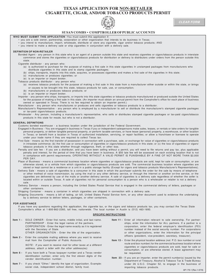 Texas Cigarette, Cigar and Tobacco Products Report Forms