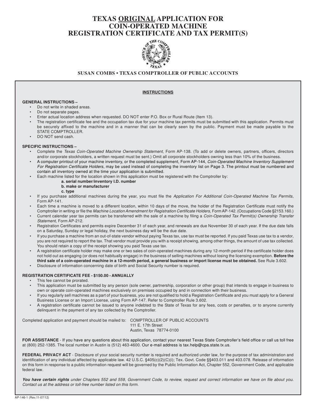 "Texas CoinOperated Machine FormsAP146 Texas Original Application