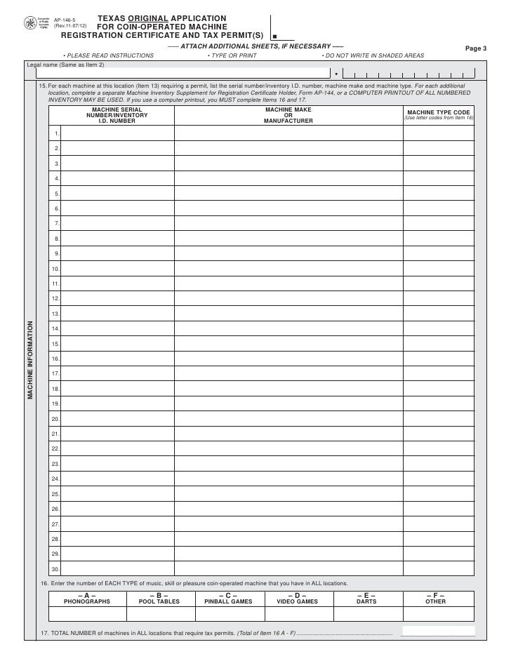 "Texas CoinOperated Machine FormsAP146 Texas Original Application