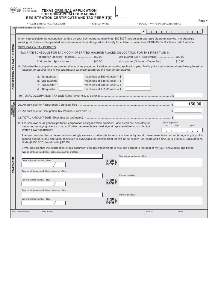 "Texas CoinOperated Machine FormsAP146 Texas Original Application