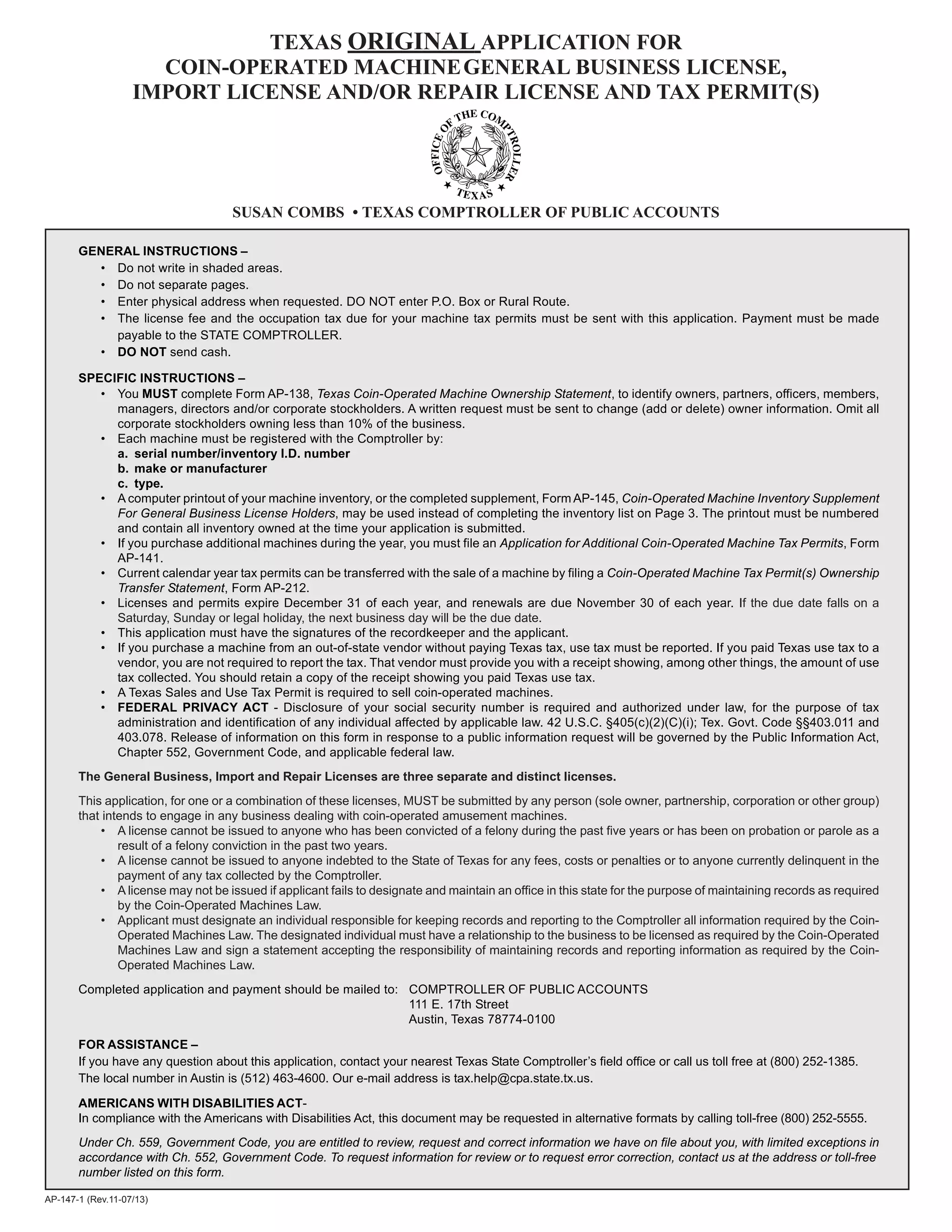 Texas CoinOperated Machine FormsAP147 Texas Original Application for