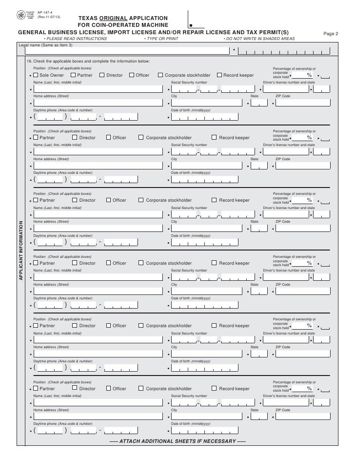 Texas CoinOperated Machine FormsAP147 Texas Original Application f…