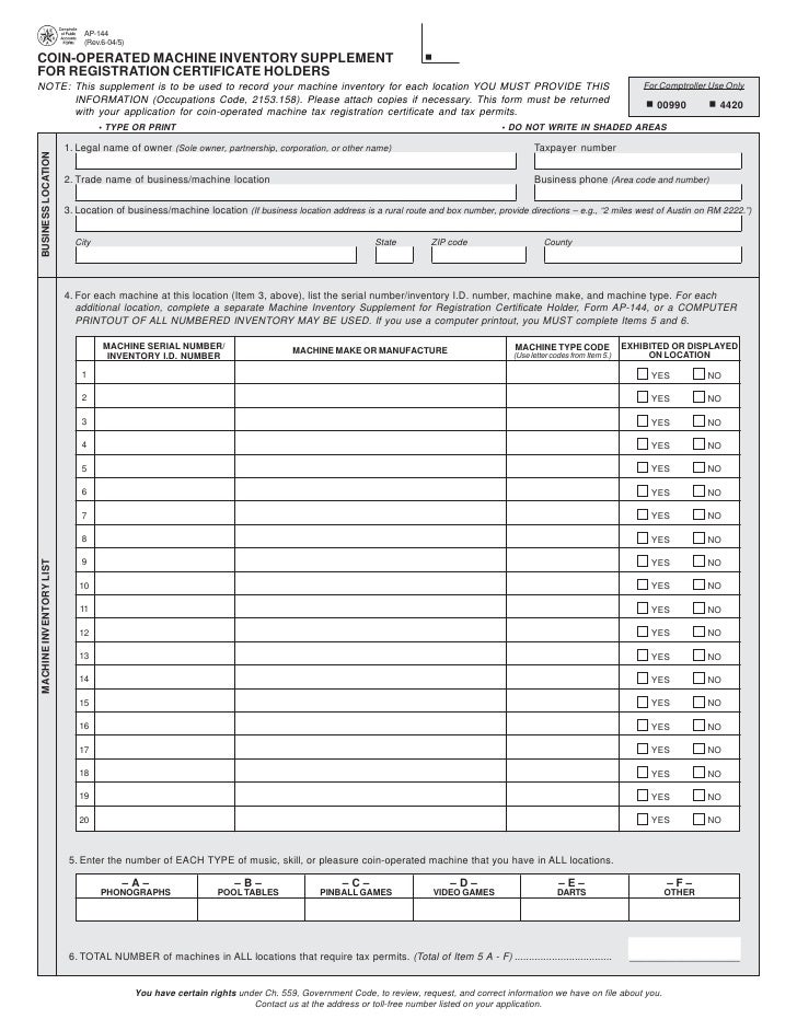 Texas CoinOperated Machine FormsAP144 CoinOperated Machine