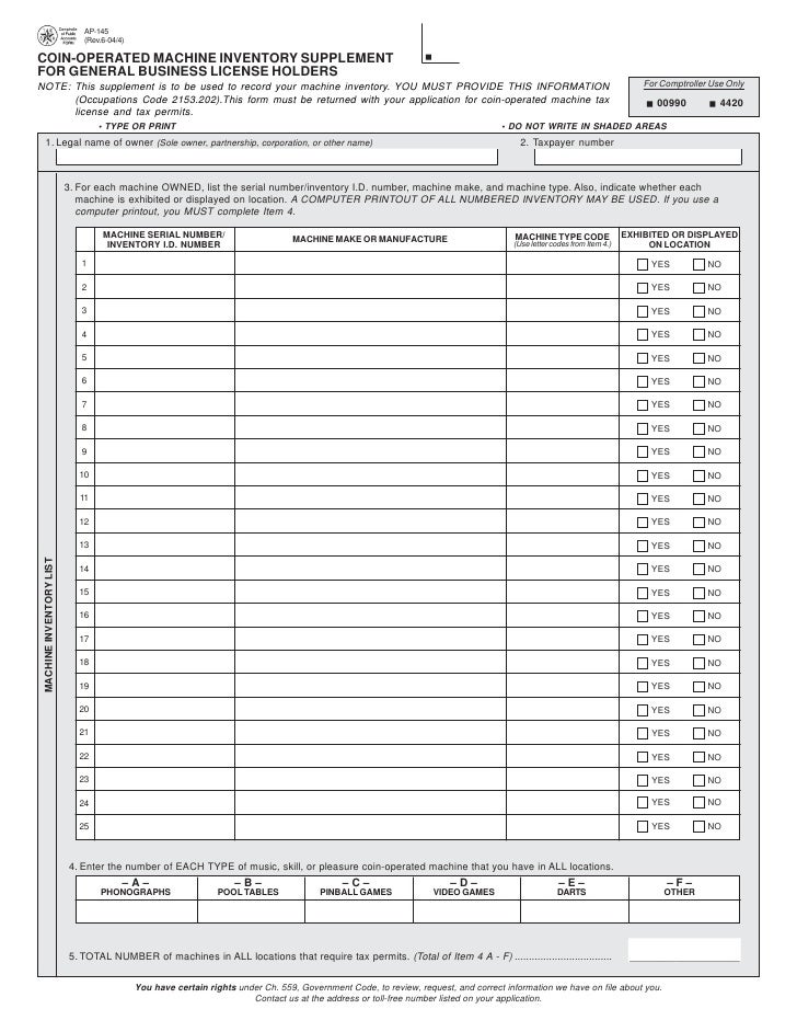 Texas CoinOperated Machine FormsAP145 CoinOperated Machine