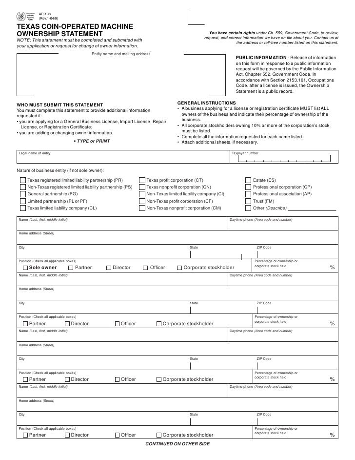 Texas CoinOperated Machine FormsAP138 Texas CoinOperated Machine