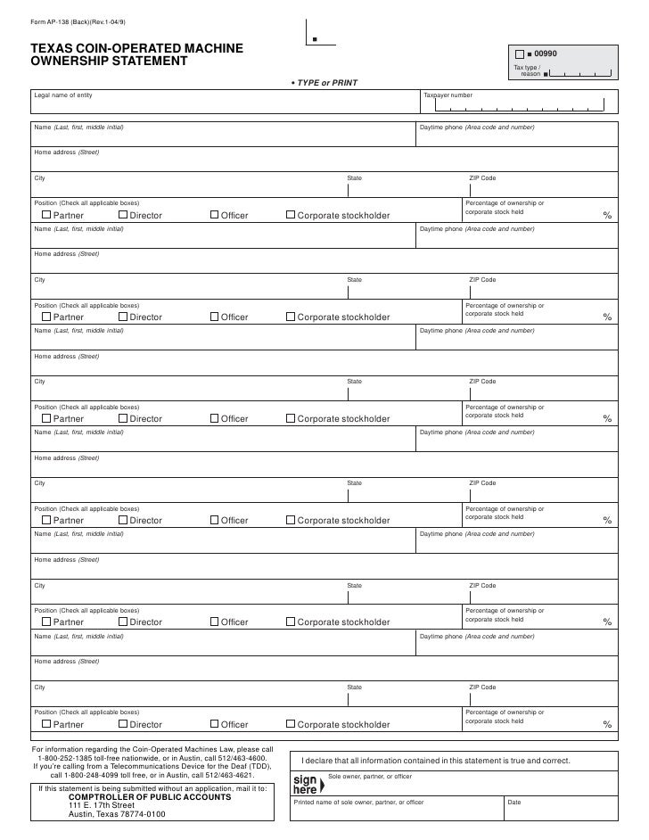 Texas CoinOperated Machine FormsAP138 Texas CoinOperated Machine