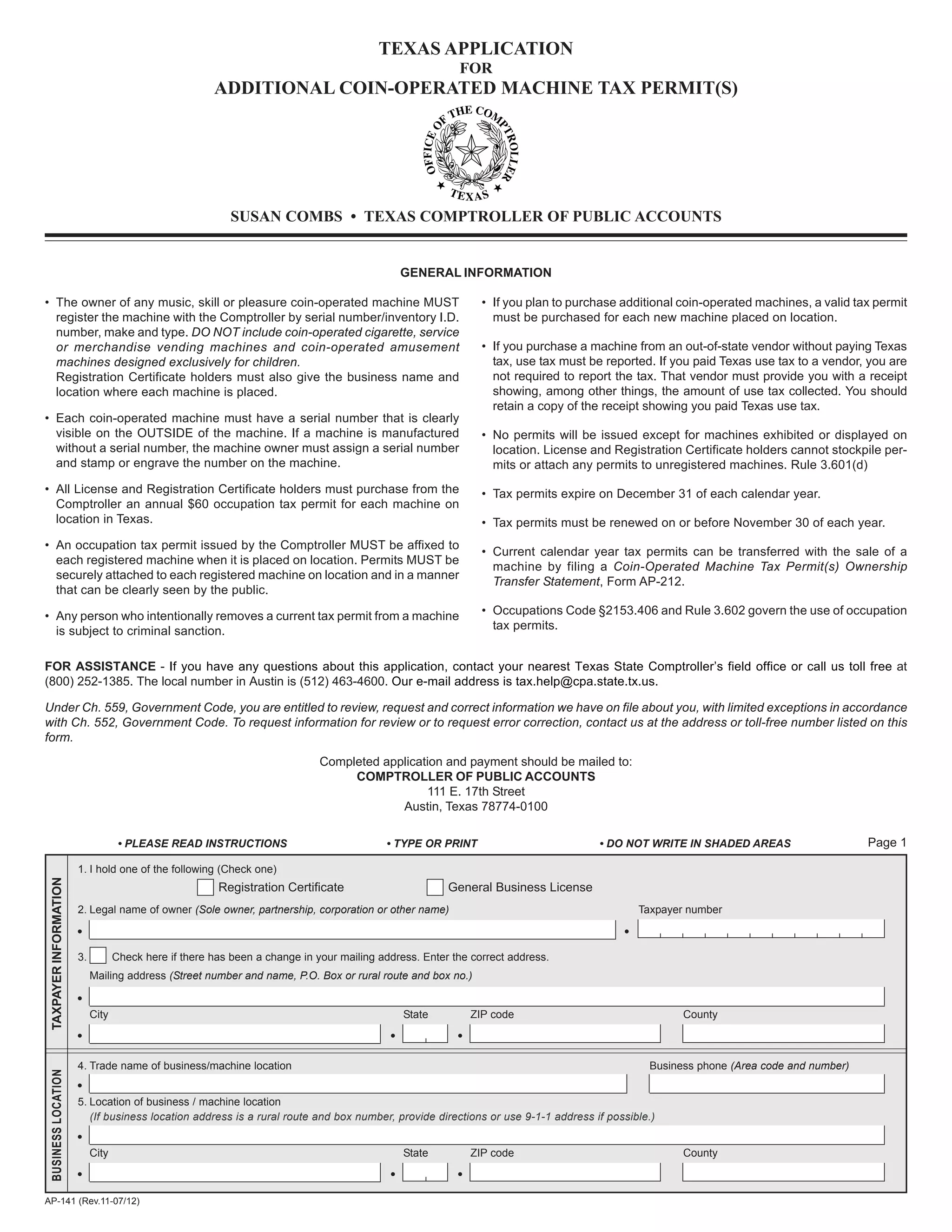 "Texas CoinOperated Machine FormsAP141 Texas Application for