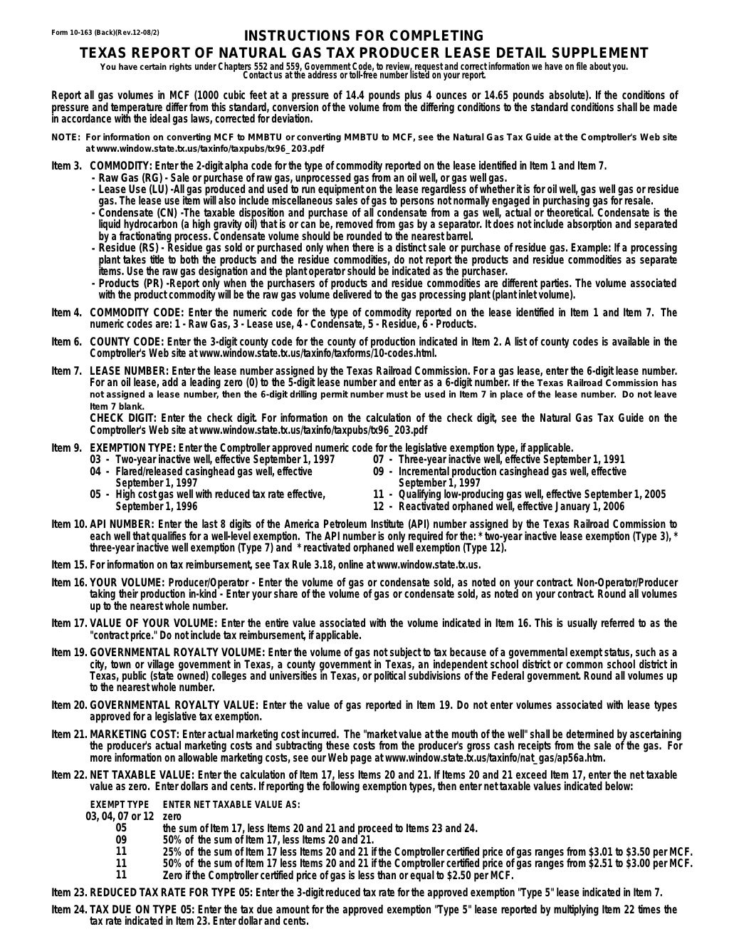 Texas Natural Gas Tax Forms10163 Natural Gas Tax Producer Lease Det…