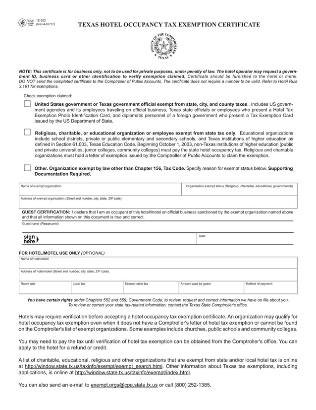 Texas Hotel Occupancy Tax Forms12302 Texas Hotel Occupancy Tax