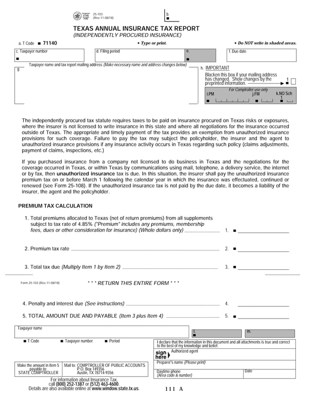 Texas Insurance Tax Forms25103 Annual Insurance Tax Report