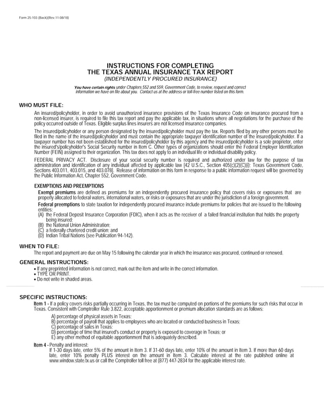 Texas Insurance Tax Forms25103 Annual Insurance Tax Report