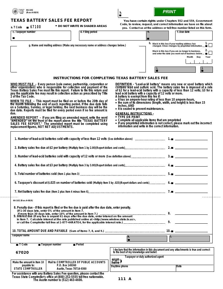 Miscellaneous Texas Tax Forms66102 Texas Battery Sales Fee Report