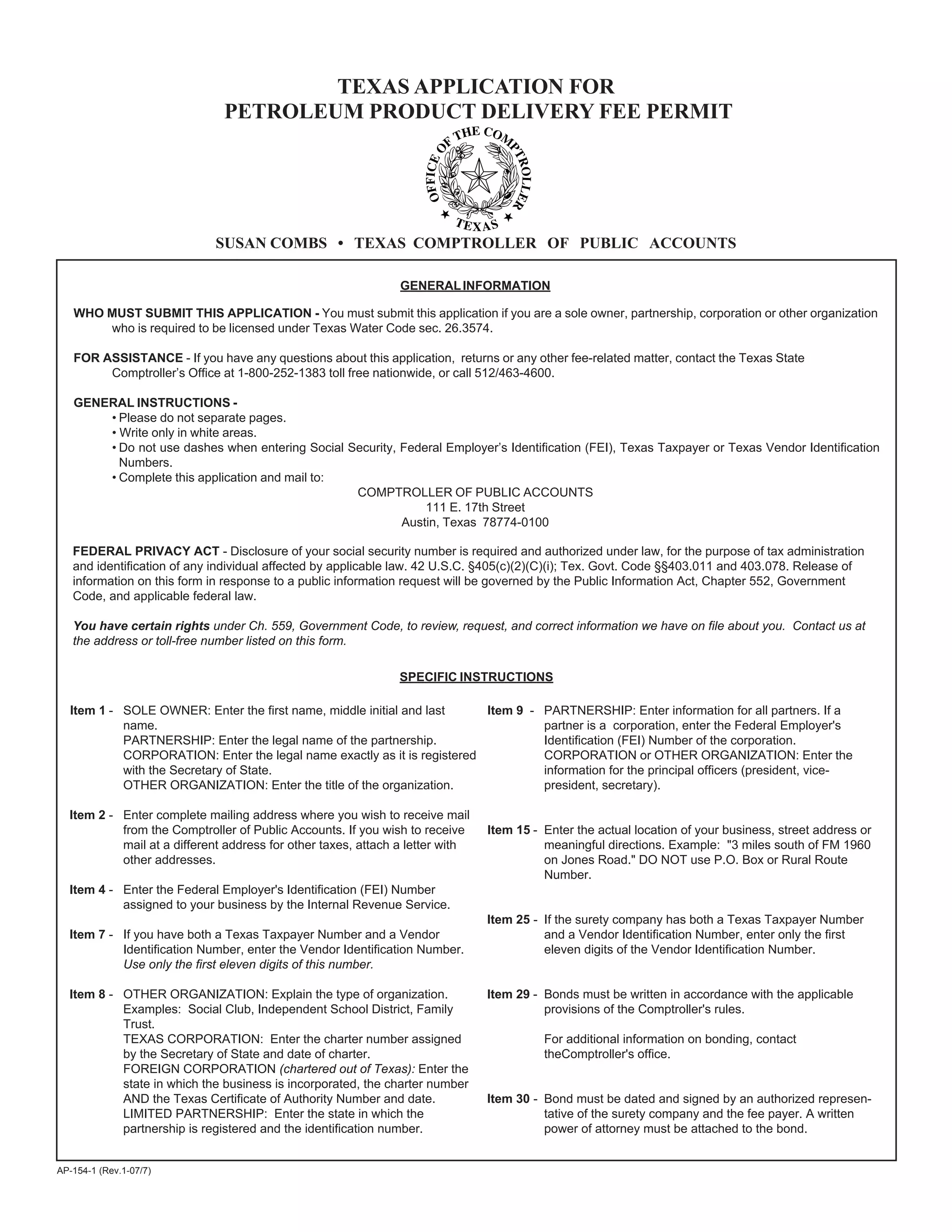 Miscellaneous Texas Tax Forms-AP-154 Texas Application for Petroleum ...