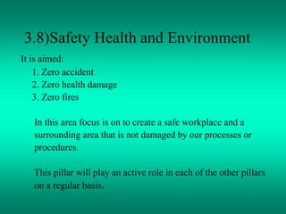 3.8)Safety Health and Environment
It is aimed:
1. Zero accident
2. Zero health damage
3. Zero fires
In this area focus is on to create a safe workplace and a
surrounding area that is not damaged by our processes or
procedures.
This pillar will play an active role in each of the other pillars
on a regular basis.
 