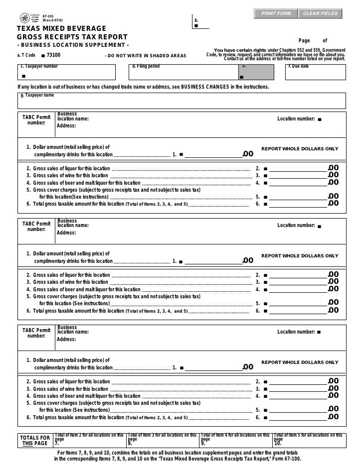 Texas Mixed Beverage Gross Receipts Tax Reports67101 Texas Mixed Be…