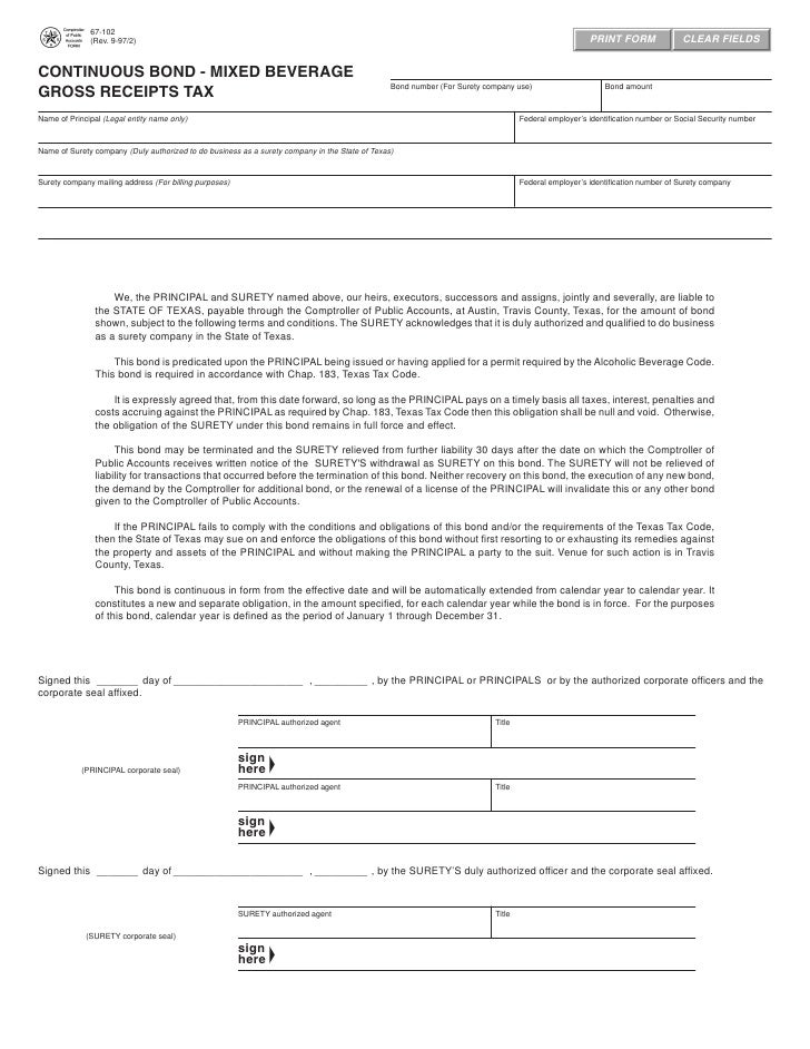 Texas Mixed Beverage Gross Receipts Tax Reports67102 Continuous Bon…
