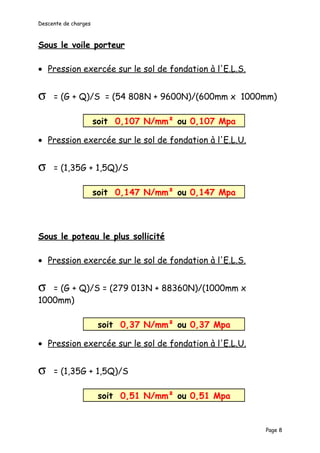 Descente de charges



Sous le voile porteur

• Pression exercée sur le sol de fondation à l'E.L.S.


σ    = (G + Q)/S = (54 808N + 9600N)/(600mm x 1000mm)

                      soit 0,107 N/mm² ou 0,107 Mpa

• Pression exercée sur le sol de fondation à l'E.L.U.


σ    = (1,35G + 1,5Q)/S

                      soit 0,147 N/mm² ou 0,147 Mpa




Sous le poteau le plus sollicité

• Pression exercée sur le sol de fondation à l'E.L.S.


σ  = (G + Q)/S = (279 013N + 88360N)/(1000mm x
1000mm)

                       soit 0,37 N/mm² ou 0,37 Mpa

• Pression exercée sur le sol de fondation à l'E.L.U.


σ    = (1,35G + 1,5Q)/S

                       soit 0,51 N/mm² ou 0,51 Mpa


                                                        Page 8
 