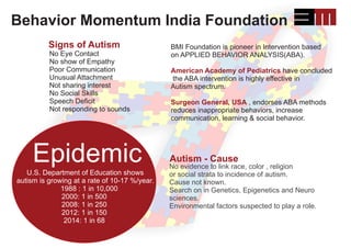 U.S. Department of Education shows
autism is growing at a rate of 10-17 %/year.
1988 : 1 in 10,000
2000: 1 in 500
2008: 1 in 250
2012: 1 in 150
2014: 1 in 68
Epidemic
Behavior Momentum India Foundation
No evidence to link race, color , religion
or social strata to incidence of autism.
Cause not known.
Search on in Genetics, Epigenetics and Neuro
sciences.
Environmental factors suspected to play a role.
Autism - Cause
Signs of Autism
No Eye Contact
No show of Empathy
Poor Communication
Unusual Attachment
Not sharing interest
No Social Skills
Speech Deﬁcit
Not responding to sounds
BMI Foundation is pioneer in Intervention based
on APPLIED BEHAVIOR ANALYSIS(ABA).
American Academy of Pediatrics have concluded
the ABA intervention is highly effective in
Autism spectrum.
, endorses ABA methodsSurgeon General, USA
reduces inappropriate behaviors, increase
communication, learning & social behavior.
 