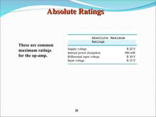 Absolute Ratings
Absolute Ratings
These are common
maximum ratings
for the op-amp.
22
22
 