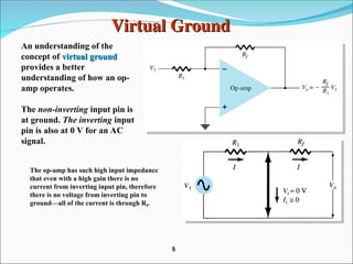 Virtual Ground
Virtual Ground
An understanding of the
concept of virtual ground
virtual ground
provides a better
understanding of how an op-
amp operates.
The non-inverting input pin is
at ground. The inverting input
pin is also at 0 V for an AC
signal.
The op-amp has such high input impedance
that even with a high gain there is no
current from inverting input pin, therefore
there is no voltage from inverting pin to
ground—all of the current is through Rf.
5
5
 