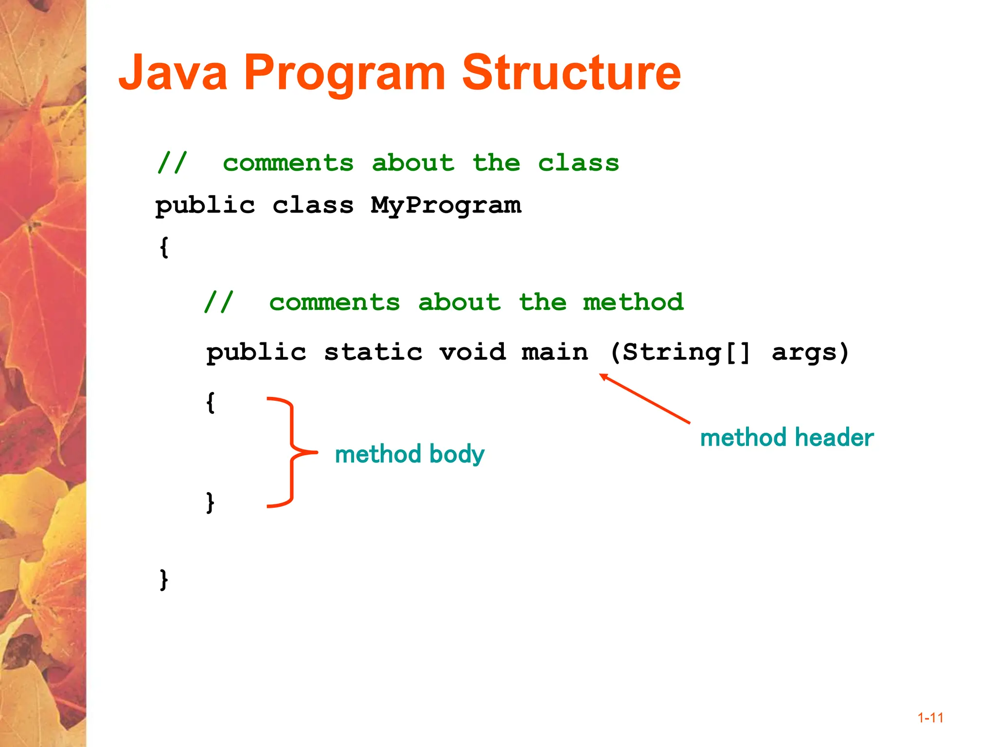 1-11
Java Program Structure
public class MyProgram
{
}
// comments about the class
public static void main (String[] args)
{
}
// comments about the method
method header
method body
 