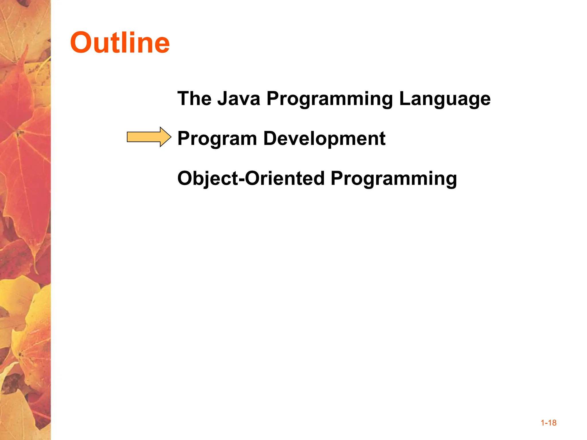 1-18
Outline
The Java Programming Language
Program Development
Object-Oriented Programming
 
