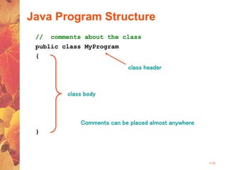 1-10
Java Program Structure
public class MyProgram
{
}
// comments about the class
class header
class body
Comments can be placed almost anywhere
 