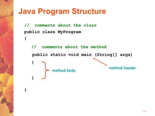 1-11
Java Program Structure
public class MyProgram
{
}
// comments about the class
public static void main (String[] args)
{
}
// comments about the method
method header
method body
 