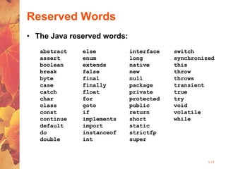 1-17
Reserved Words
• The Java reserved words:
abstract
assert
boolean
break
byte
case
catch
char
class
const
continue
default
do
double
else
enum
extends
false
final
finally
float
for
goto
if
implements
import
instanceof
int
interface
long
native
new
null
package
private
protected
public
return
short
static
strictfp
super
switch
synchronized
this
throw
throws
transient
true
try
void
volatile
while
 