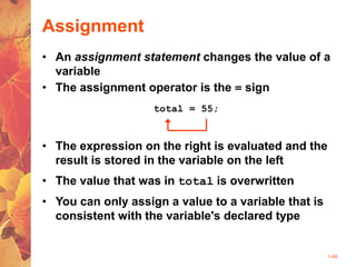1-48
Assignment
• An assignment statement changes the value of a
variable
• The assignment operator is the = sign
total = 55;
• The value that was in total is overwritten
• You can only assign a value to a variable that is
consistent with the variable's declared type
• The expression on the right is evaluated and the
result is stored in the variable on the left
 