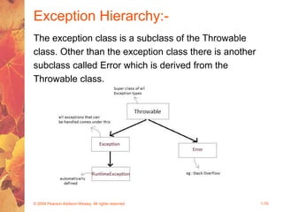Exception Hierarchy:-
The exception class is a subclass of the Throwable
class. Other than the exception class there is another
subclass called Error which is derived from the
Throwable class.
© 2004 Pearson Addison-Wesley. All rights reserved 1-70
 