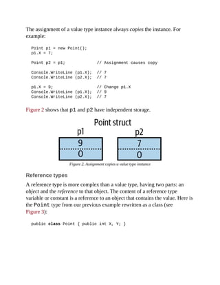 The assignment of a value type instance always copies the instance. For
example:
Point p1 = new Point();
p1.X = 7;
Point p2 = p1; // Assignment causes copy
Console.WriteLine (p1.X); // 7
Console.WriteLine (p2.X); // 7
p1.X = 9; // Change p1.X
Console.WriteLine (p1.X); // 9
Console.WriteLine (p2.X); // 7
Figure 2 shows that p1 and p2 have independent storage.
Figure 2. Assignment copies a value type instance
Reference types
A reference type is more complex than a value type, having two parts: an
object and the reference to that object. The content of a reference type
variable or constant is a reference to an object that contains the value. Here is
the Point type from our previous example rewritten as a class (see
Figure 3):
public class Point { public int X, Y; }
 