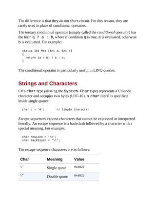 The difference is that they do not short-circuit. For this reason, they are
rarely used in place of conditional operators.
The ternary conditional operator (simply called the conditional operator) has
the form q ? a : b, where if condition q is true, a is evaluated, otherwise
b is evaluated. For example:
static int Max (int a, int b)
{
return (a > b) ? a : b;
}
The conditional operator is particularly useful in LINQ queries.
Strings and Characters
C#’s char type (aliasing the System.Char type) represents a Unicode
character and occupies two bytes (UTF-16). A char literal is specified
inside single quotes:
char c = 'A'; // Simple character
Escape sequences express characters that cannot be expressed or interpreted
literally. An escape sequence is a backslash followed by a character with a
special meaning. For example:
char newLine = 'n';
char backSlash = '';
The escape sequence characters are as follows:
Char Meaning Value
' Single quote 0x0027
" Double quote 0x0022
 
