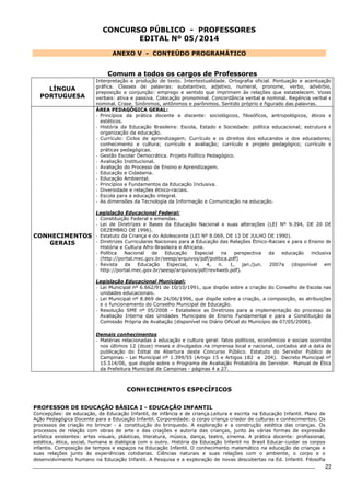 22 
CONCURSO PÚBLICO - PROFESSORES 
EDITAL Nº 05/2014 
ANEXO V - CONTEÚDO PROGRAMÁTICO 
Comum a todos os cargos de Professores 
LÍNGUA 
PORTUGUESA 
Interpretação e produção de texto. Intertextualidade. Ortografia oficial. Pontuação e acentuação 
gráfica. Classes de palavras: substantivo, adjetivo, numeral, pronome, verbo, advérbio, 
preposição e conjunção: emprego e sentido que imprimem às relações que estabelecem. Vozes 
verbais: ativa e passiva. Colocação pronominal. Concordância verbal e nominal. Regência verbal e 
nominal. Crase. Sinônimos, antônimos e parônimos. Sentido próprio e figurado das palavras. 
CONHECIMENTOS 
GERAIS 
ÁREA PEDAGÓGICA GERAL: 
- Princípios da prática docente e discente: sociológicos, filosóficos, antropológicos, éticos e 
estéticos. 
- História da Educação Brasileira: Escola, Estado e Sociedade: política educacional; estrutura e 
organização da educação. 
- Currículo: Ciclos de aprendizagem; Currículo e os direitos dos educandos e dos educadores; 
conhecimento e cultura; currículo e avaliação; currículo e projeto pedagógico; currículo e 
práticas pedagógicas. 
- Gestão Escolar Democrática. Projeto Político Pedagógico. 
- Avaliação Institucional. 
- Avaliação do Processo de Ensino e Aprendizagem. 
- Educação e Cidadania. 
- Educação Ambiental. 
- Princípios e Fundamentos da Educação Inclusiva. 
- Diversidade e relações étnico-raciais. 
- Escola para a educação integral. 
- As dimensões da Tecnologia da Informação e Comunicação na educação. 
Legislação Educacional Federal: 
- Constituição Federal e emendas. 
- Lei de Diretrizes e Bases da Educação Nacional e suas alterações (LEI Nº 9.394, DE 20 DE 
DEZEMBRO DE 1996). 
- Estatuto da Criança e do Adolescente (LEI Nº 8.069, DE 13 DE JULHO DE 1990). 
- Diretrizes Curriculares Nacionais para a Educação das Relações Étnico-Raciais e para o Ensino de 
História e Cultura Afro-Brasileira e Africana. 
- Política Nacional de Educação Especial na perspectiva da educação inclusiva 
(http://portal.mec.gov.br/seesp/arquivos/pdf/politica.pdf) 
- Revista da Educação Especial, v. 4, n. 1, jan./jun. 2007a (disponível em 
http://portal.mec.gov.br/seesp/arquivos/pdf/rev4web.pdf). 
Legislação Educacional Municipal: 
- Lei Municipal nº 6.662/91 de 10/10/1991, que dispõe sobre a criação do Conselho de Escola nas 
unidades educacionais. 
- Lei Municipal nº 8.869 de 24/06/1996, que dispõe sobre a criação, a composição, as atribuições 
e o funcionamento do Conselho Municipal de Educação. 
- Resolução SME nº 05/2008 – Estabelece as Diretrizes para a implementação do processo de 
Avaliação Interna das Unidades Municipais de Ensino Fundamental e para a Constituição da 
Comissão Própria de Avaliação (disponível no Diário Oficial do Município de 07/05/2008). 
Demais conhecimentos 
- Matérias relacionadas à educação e cultura geral: fatos políticos, econômicos e sociais ocorridos 
nos últimos 12 (doze) meses e divulgados na imprensa local e nacional, contados até a data de 
publicação do Edital de Abertura deste Concurso Público. Estatuto do Servidor Público de 
Campinas - Lei Municipal nº 1.399/55 (Artigo 15 e Artigos 182 a 204). Decreto Municipal nº 
15.514/06, que dispõe sobre o Programa de Avaliação Probatória do Servidor. Manual de Ética 
da Prefeitura Municipal de Campinas - páginas 4 a 27. 
CONHECIMENTOS ESPECÍFICOS 
PROFESSOR DE EDUCAÇÃO BÁSICA I - EDUCAÇÃO INFANTIL 
Concepções: de educação, de Educação Infantil, de infância e de criança.Leitura e escrita na Educação Infantil. Plano de 
Ação Pedagógica Docente para a Educação Infantil. Corporeidade: o corpo criança criador de culturas e conhecimentos. Os 
processos de criação no brincar - a constituição do brinquedo. A exploração e a construção estética das crianças. Os 
processos de relação com obras de arte e das criações e autoria das crianças, junto às várias formas de expressão 
artística existentes: artes visuais, plásticas, literatura, música, dança, teatro, cinema. A prática docente: profissional, 
estética, ética, social, humana e dialógica com o outro. História da Educação Infantil no Brasil Educar-cuidar os corpos 
infantis. Composição de tempos e espaços na Educação Infantil. O conhecimento matemático na educação de crianças e 
suas relações junto às experiências cotidianas. Ciências naturais e suas relações com o ambiente, o corpo e o 
desenvolvimento humano na Educação Infantil. A Pesquisa e a exploração de novas descobertas na Ed. Infantil. Filosofia 
 