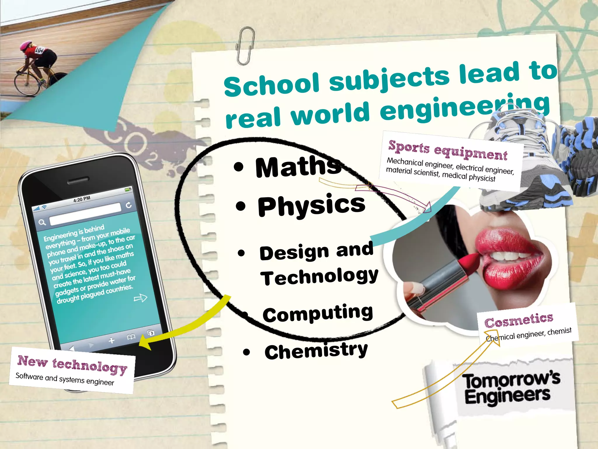 School subjects lead to
real world engineering
• Maths
• Physics
• Design and
Technology
• Computing
• Chemistry
 